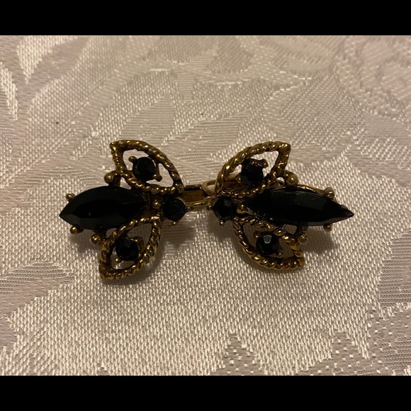 REDUCED Vintage gold/black stone clip earrings, Art Deco excellent condition - Picture 5 of 7